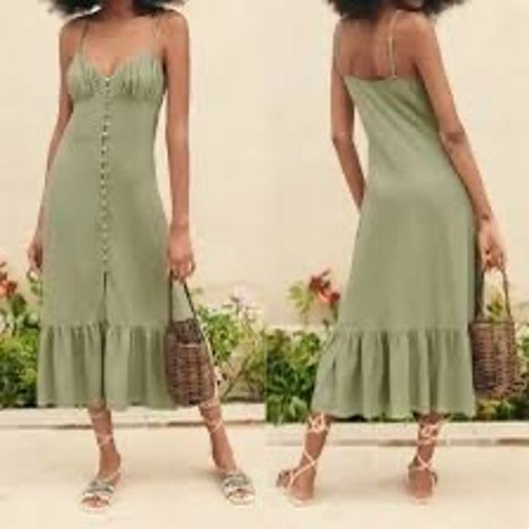 Zara Dresses & Skirts - Zara New Size L Green Khaki Linen Blend Ruched Bodice Button Down Midi Dress